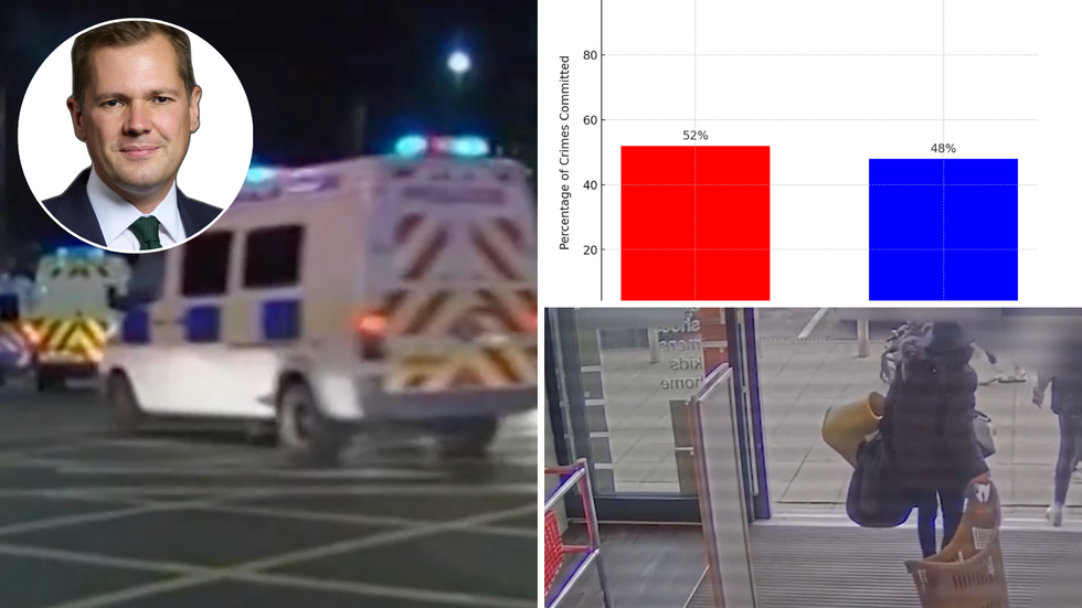 Robert Jenrick (left), GB News (left), bar chart (top right), woman thieving from shop (bottom right)