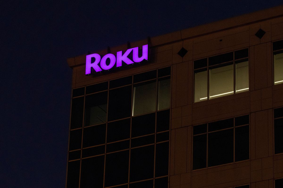 roku logo pictured in trademark purple at the top of its corporate headquarters  
