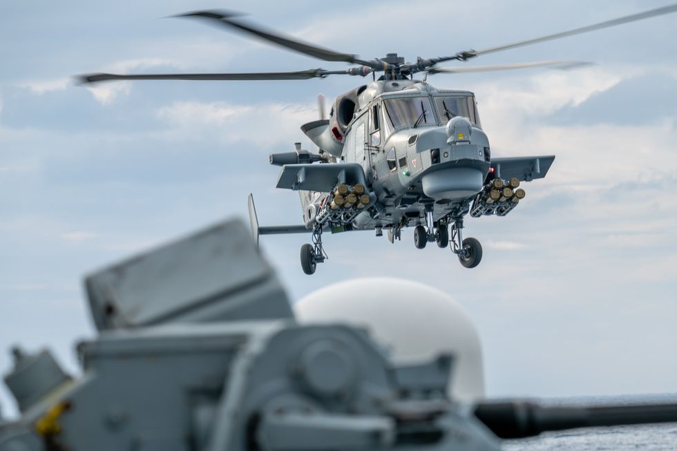 Royal Navy Wildcat helicopter equipped with the Martlet missile system