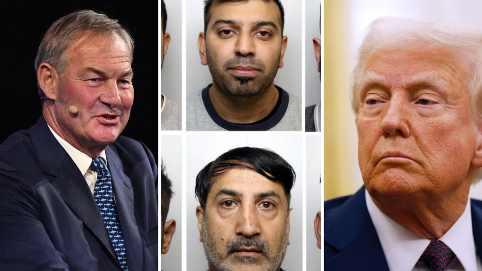 Rupert Lowe (left), men jailed for abusing and raping girls (middle), Donald Trump (right)