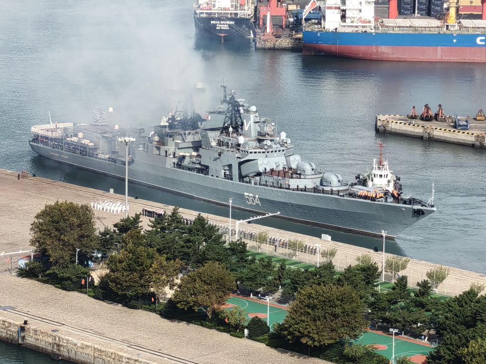 Russian warship Admiral Tributs (Hull 564), which took part in the Northern/Interaction-2024 joint naval and air drills, leaves after 3-day friendly visit to Qingdao on October 20, 2024 in Qingdao, Shandong Province of China.