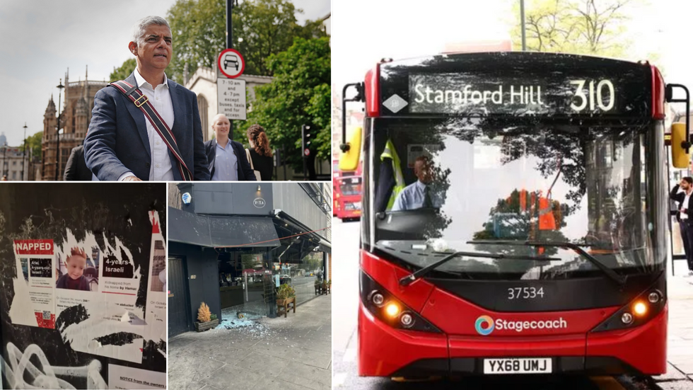 Sadiq Khan/Poster defaced of missing Israeli children/Broken window at Jewish shop/310 bus