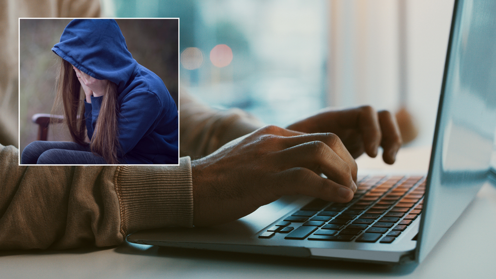 Scared girl and man on computer