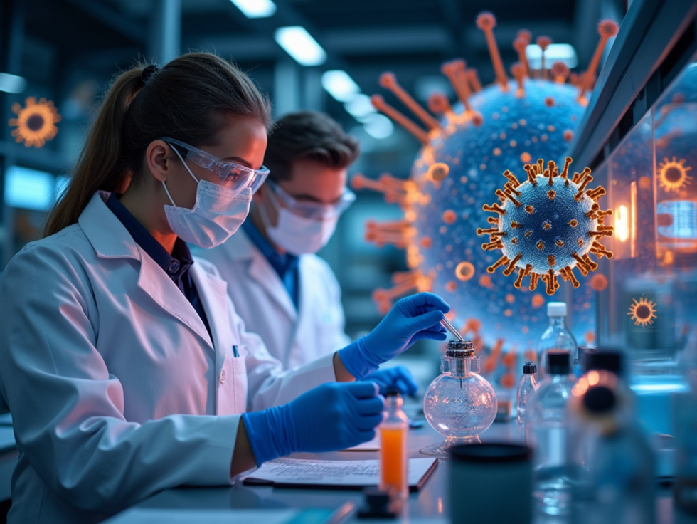 Scientists in a lab next to Covid particles 