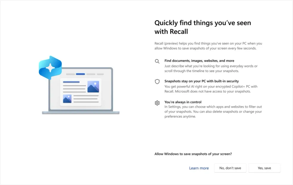 screen to enable windows 11 recall during the setup process of a copilot plus pc