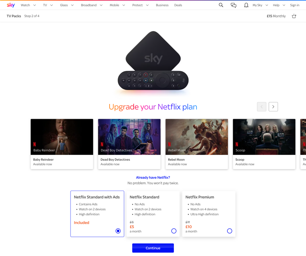 screenshot of checkout process with sky stream to add netflix subscriptions