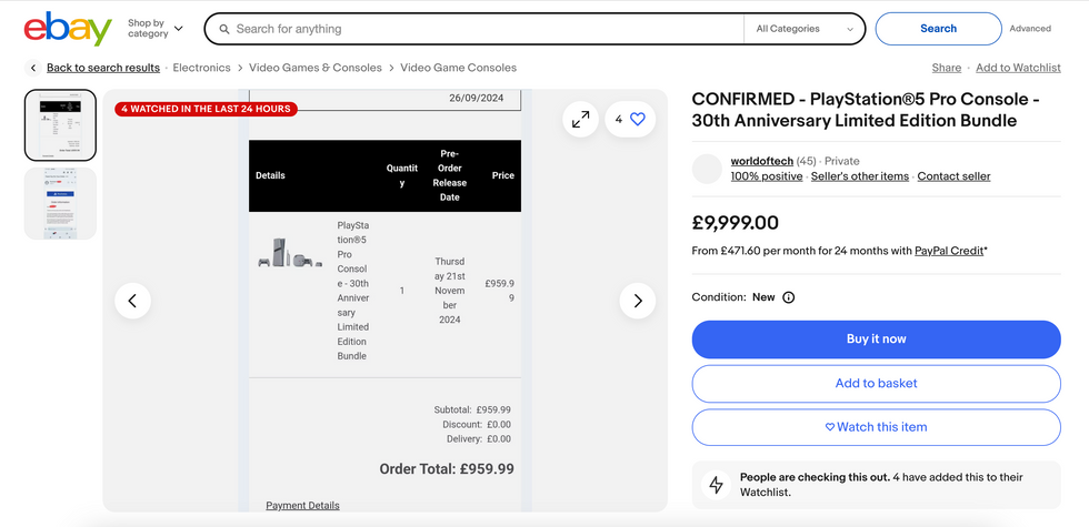 screenshot of ps5 pro 30th anniversary edition on ebay for ps10000