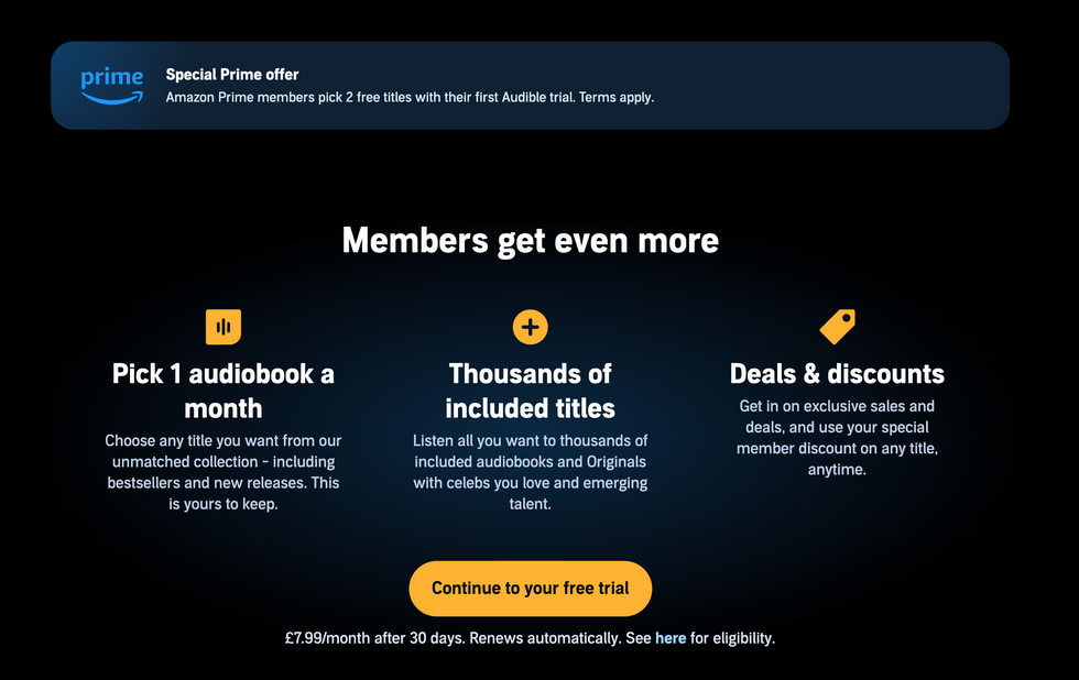 screenshot of the audible homepage with amazon prime offer