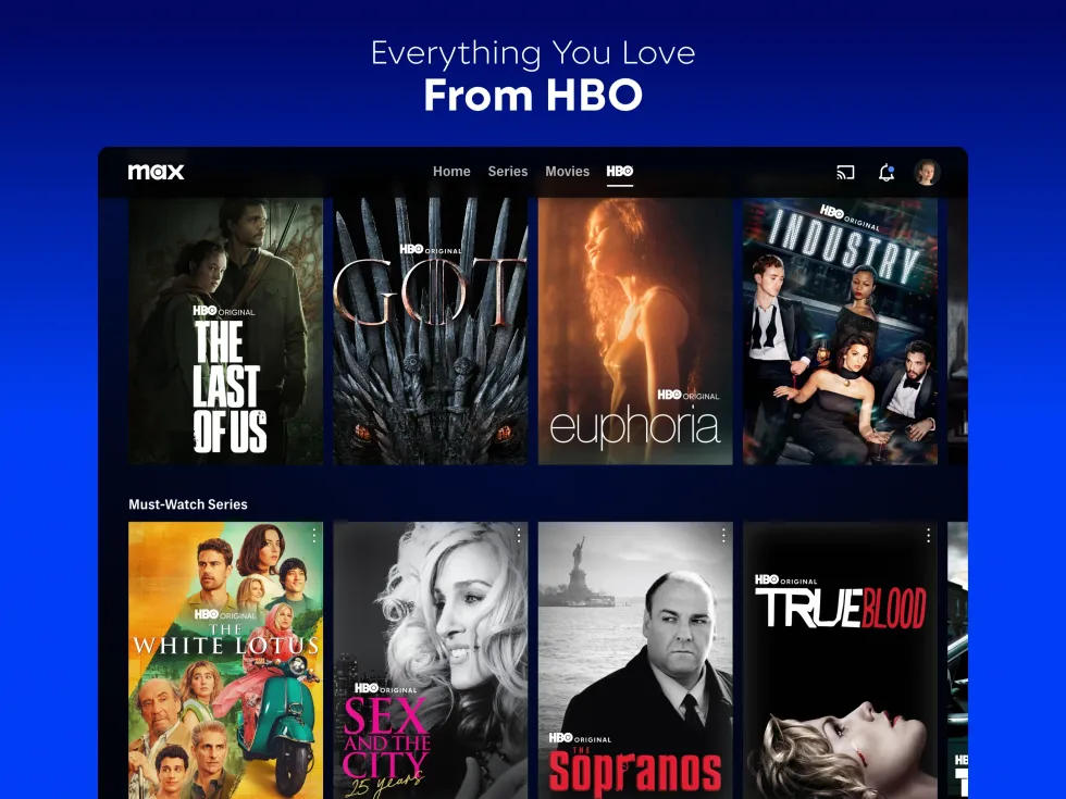 screenshot of the max streaming service app on tablet showing the most watched HBO shows