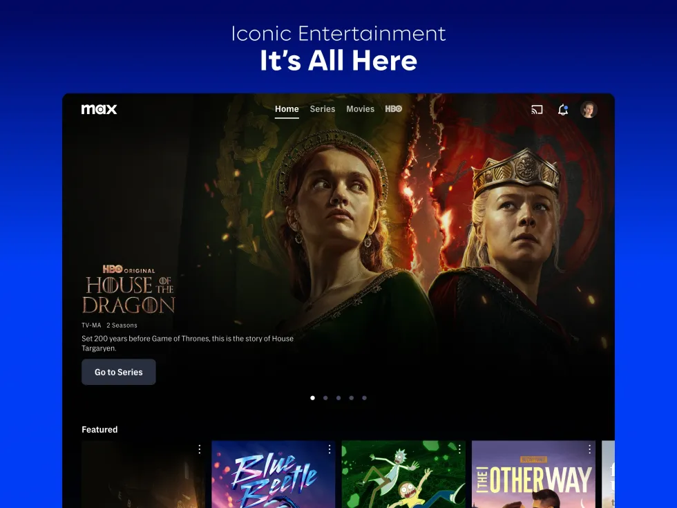 screenshot of the max streaming service app on tablet