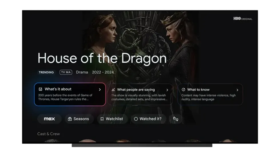 screenshot of the new google tv interface showing the ai-generated summaries