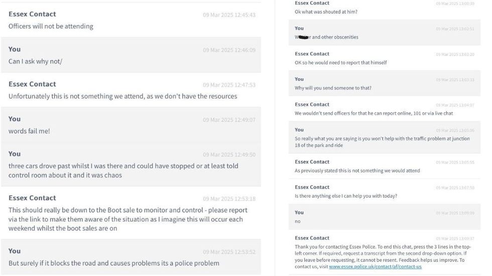 Screenshots of a conversation between a resident and Essex Police's chat function