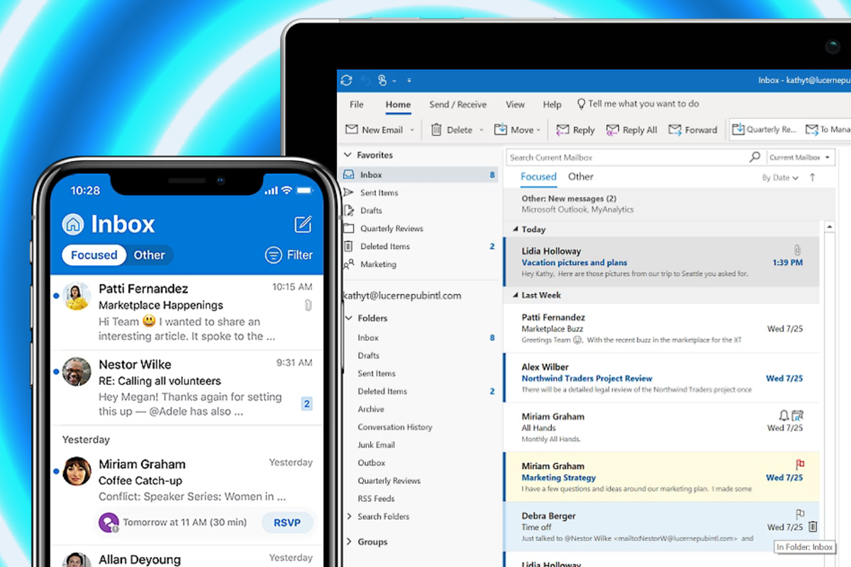 screenshots of outlook on an iphone and tablet with a blue background 