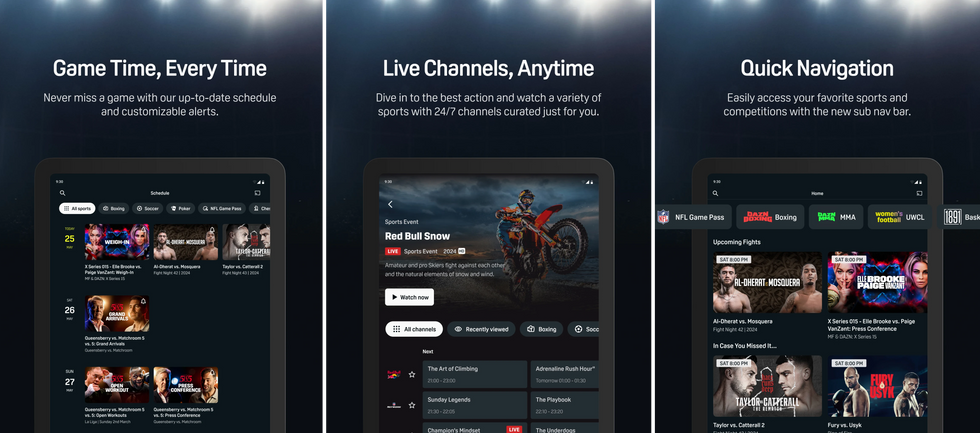 screenshots of the dazn app on tablets and smartphone app