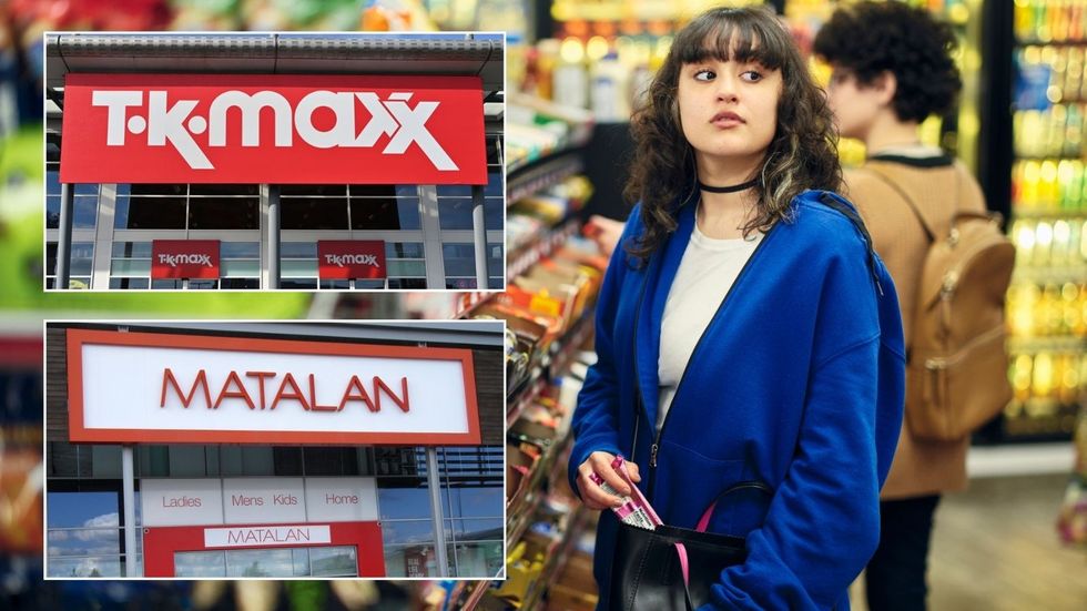 Shoplifter (stock pic), alongside insets of TK Maxx and Matalan