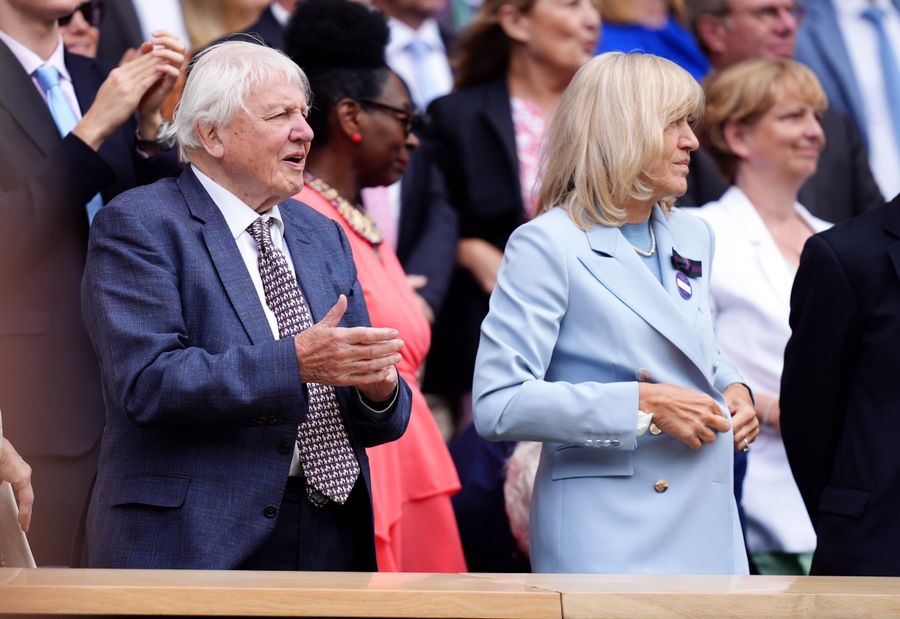 Sir David Attenborough and Debbie Jevans in the royal box on centre court on day one of the 2024 Wimbledon Championships at the All England Lawn Tennis and Croquet Club, London.