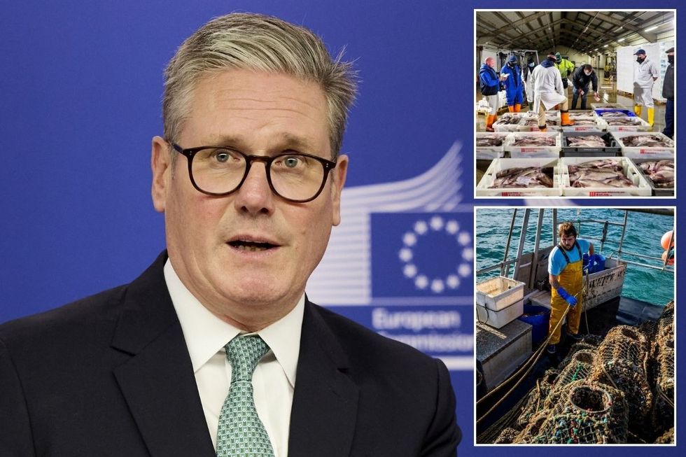 Sir Keir Starmer with insets of Britain's fishing industry