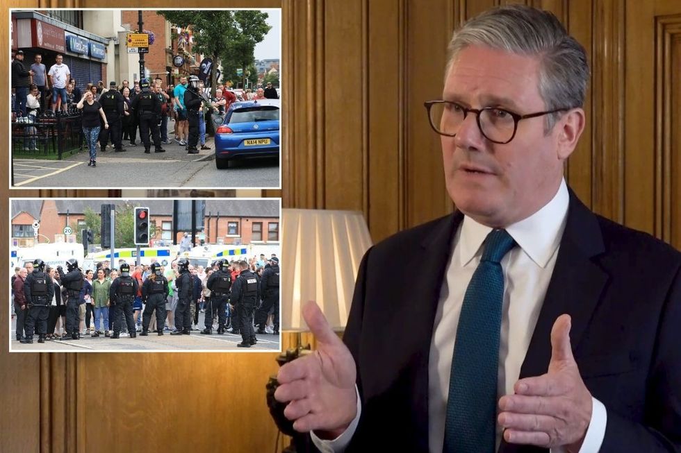 Sir Keir Starmer with insets of rioters and police