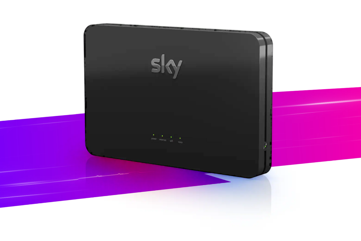 sky broadband wifi router pictured in black with colourful streak underneath 
