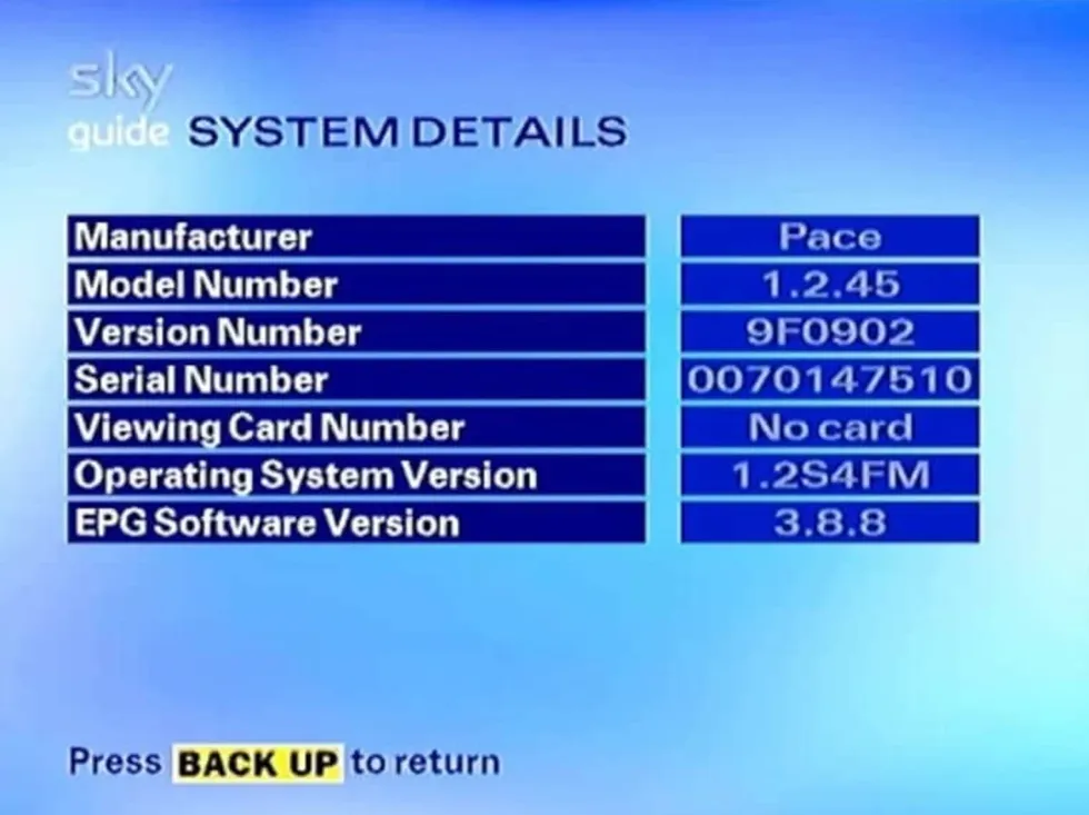 sky digibox menu with the model number of non-HD compatible boxes