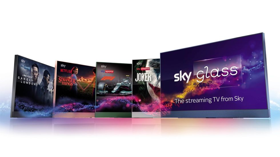 sky glass tvs in a lineup showing different shows available with your sky tv package, including sky cinema and sky sports 