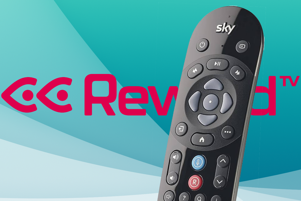 sky q remote control with rewind tv logo in the background 