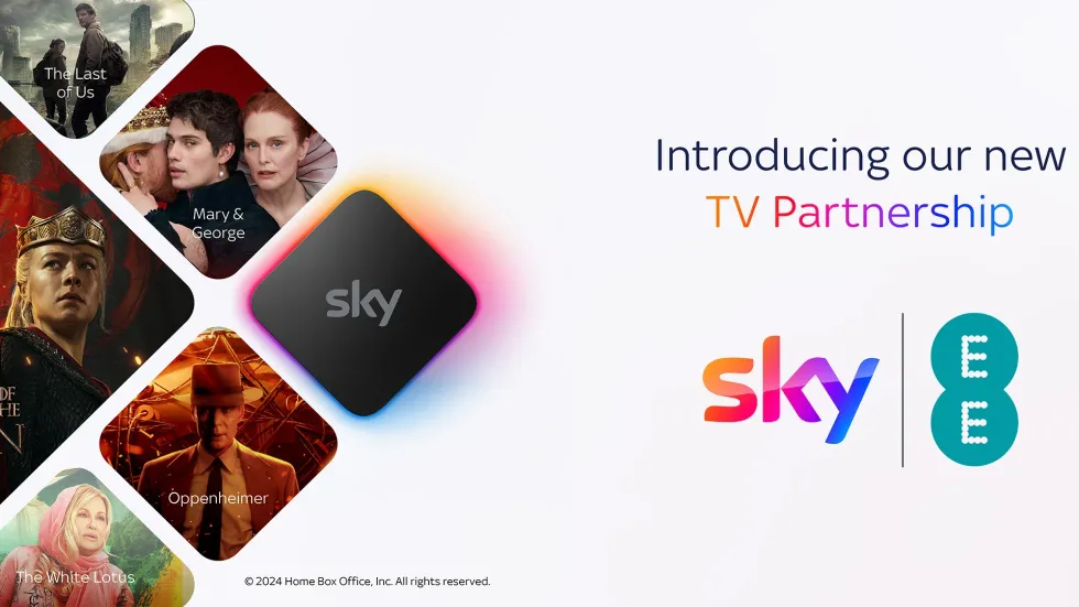 sky stream promotional image with set-top box surrounded by shows and sky tv and ee logo