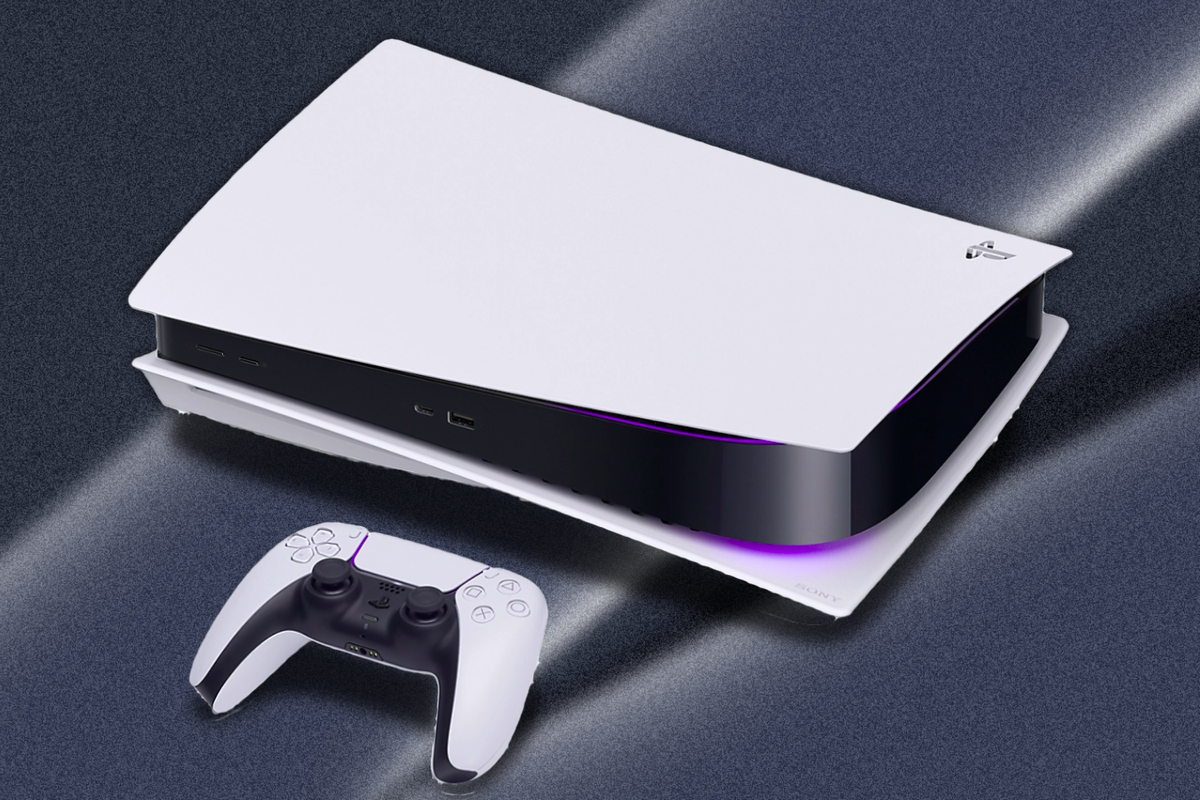 sony ps5 console pictured lying on its side with a wireless dualsense controller 