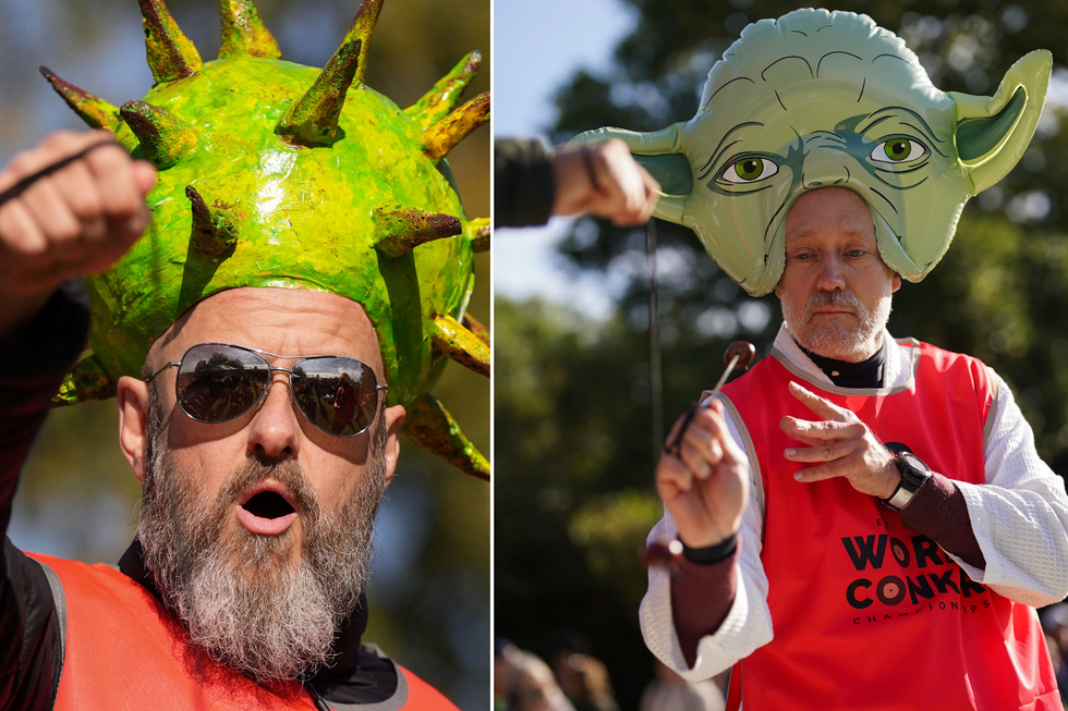 Split image of one participant wearing a chestnut-style hat while another wears a Yoda inflatable headpiece