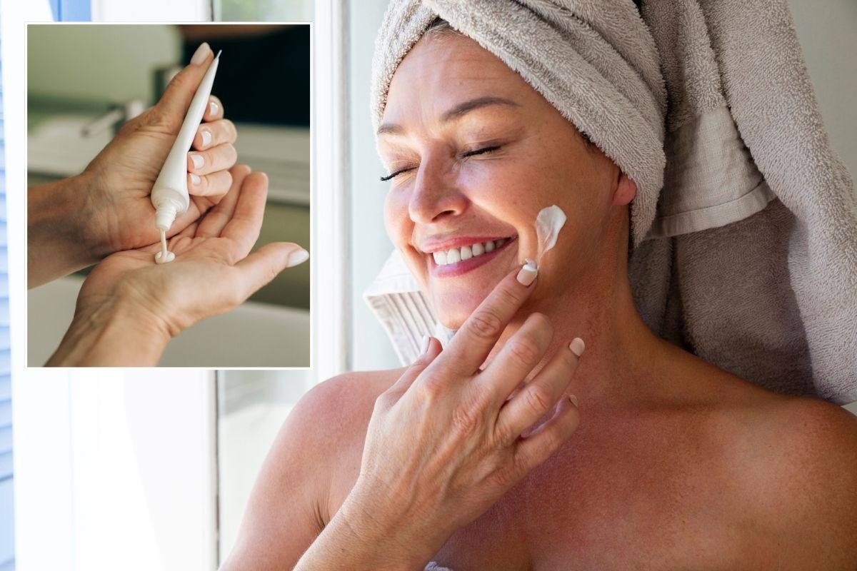 Squeezing cream into hand / Woman applying skin care to face