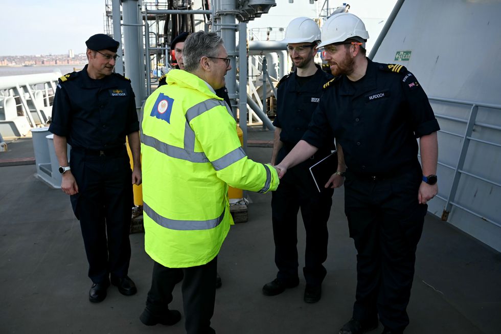 Starmer speaks to military personnel on RFA Tidespring at Cammell Laird dock in Birkenhead, Liverpool