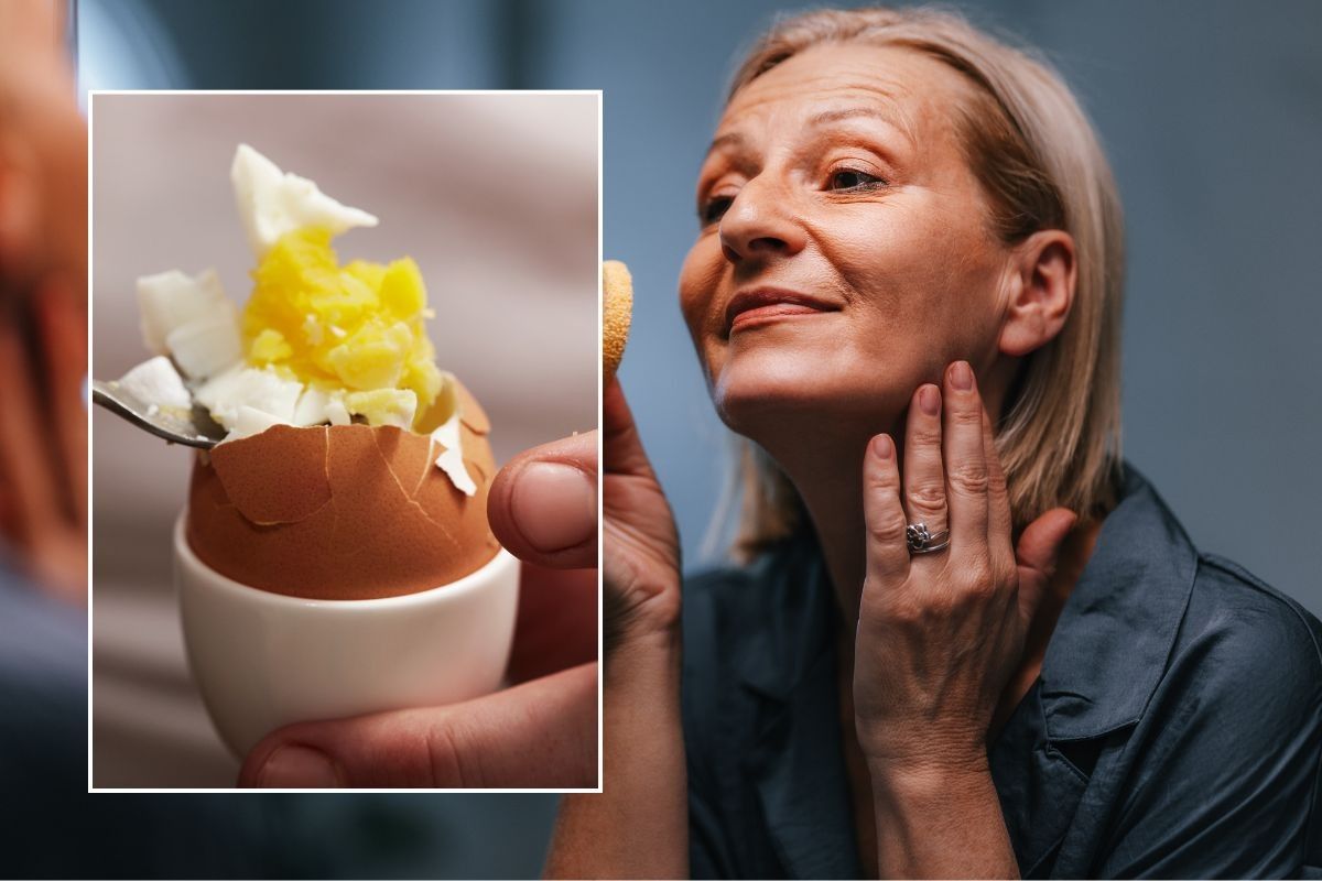 stock image of senior woman and egg