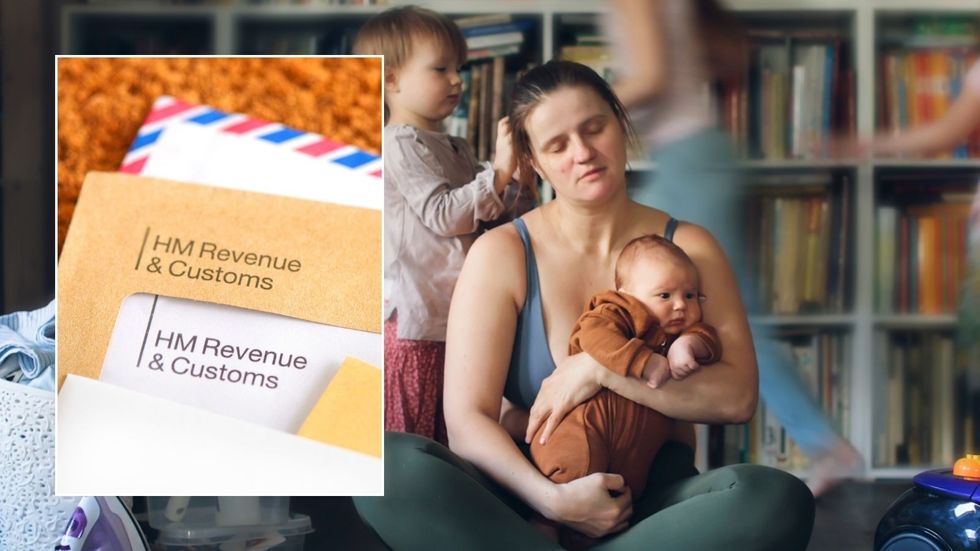 Stressed mother with children and HMRC letter