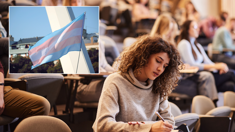 Student in lecture hall and trans flag