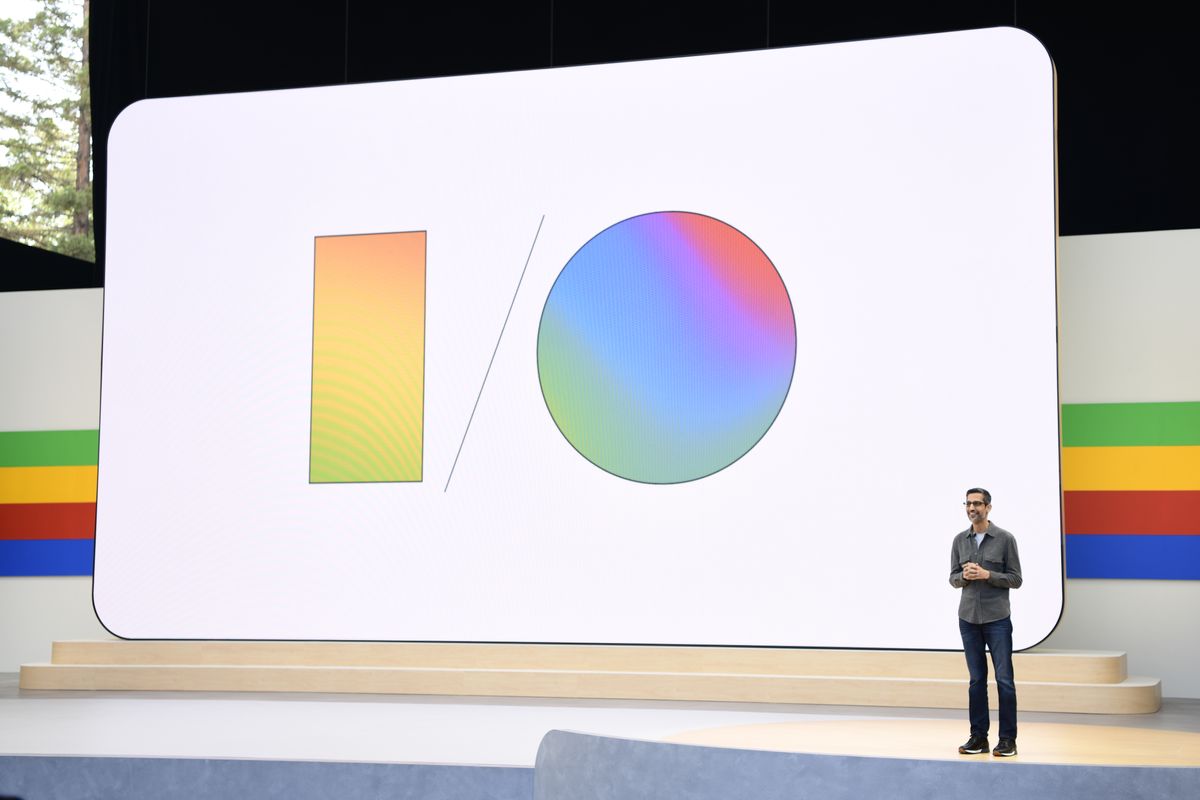 sundar pichai pictured on stage at the Shoreline Amphitheatre in Mountain View California during the google io keynote speech announcing the changes to Google Gemini 