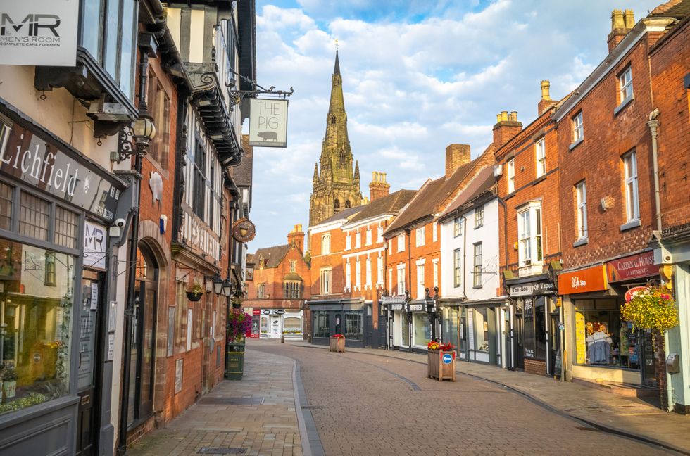 sunrise view of the spire of St Mary's Church on Tamworth Street, Lichfield