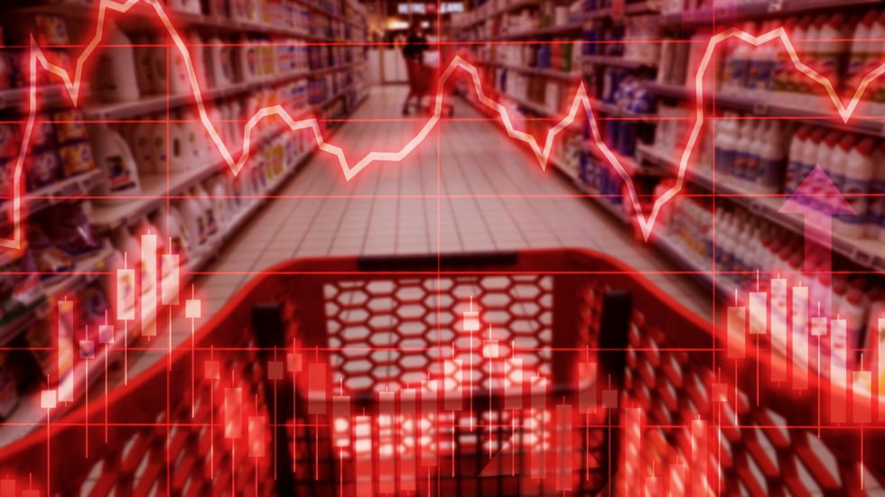 Supermarket trolley with graph indicating prices are going up