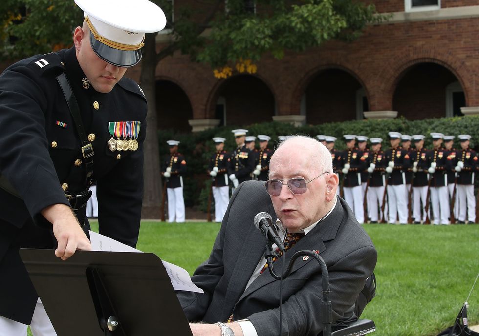 Survivor Lt. Col. Howard Gerlach Ret. speaks during a ceremony to commemorate the anniversary of the 1983 bombing of the Marine barracks in Beirut, Lebanon, at the Marine barracks on October 23, 2017 in Washington, DC