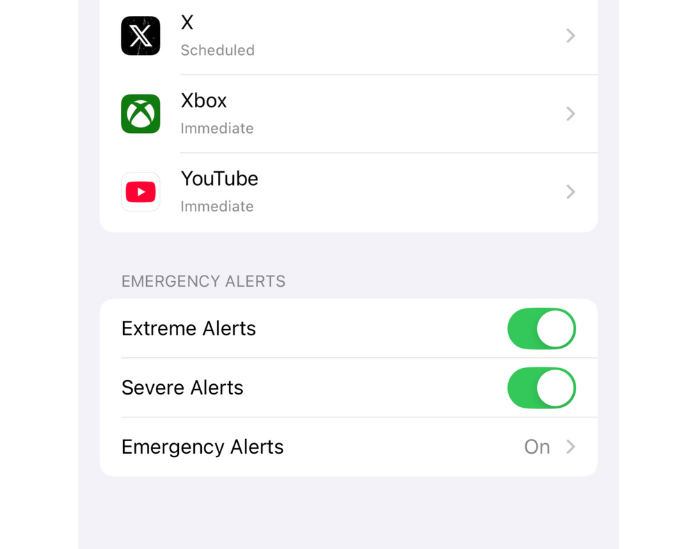 system settings with extreme alerts menu