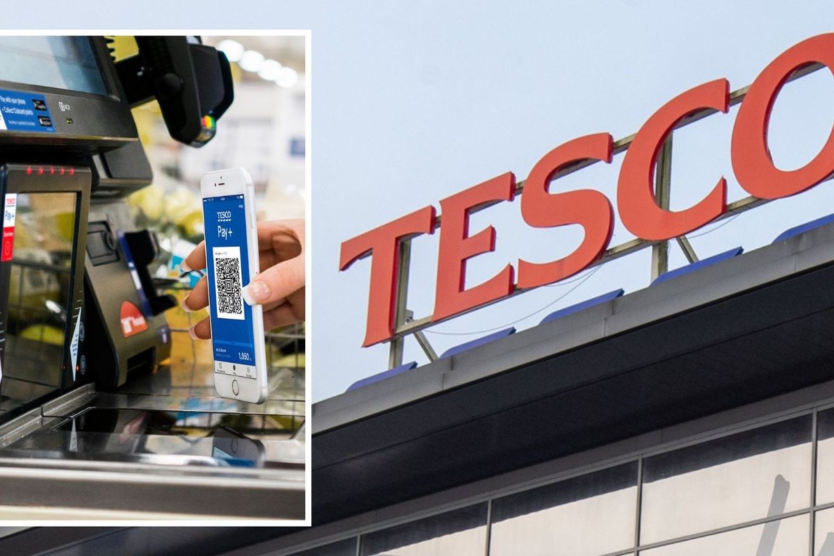 Tesco Clubcard app being used and Tesco store logo