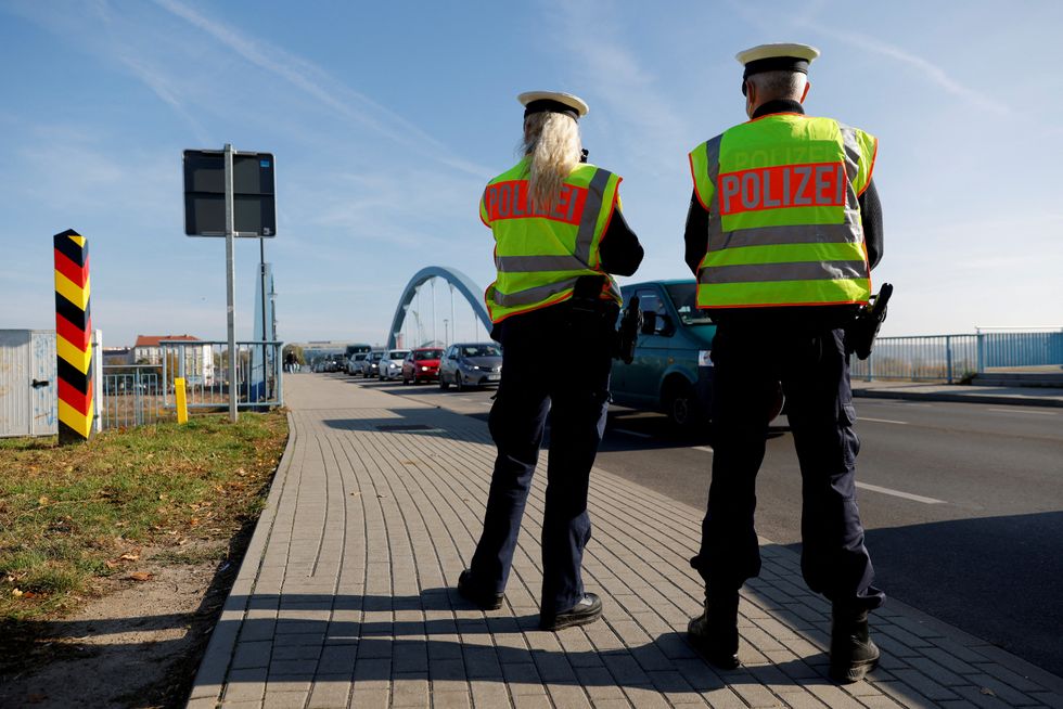 The German federal police patrols along the German-Polish border area in order to detain migrants from Belarus in Frankfurt