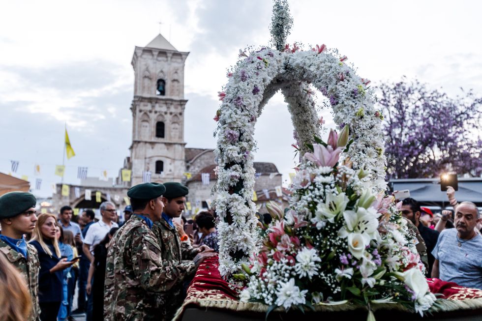 The Lazarus Epitaph is being carried through Larnaca, Cyprus