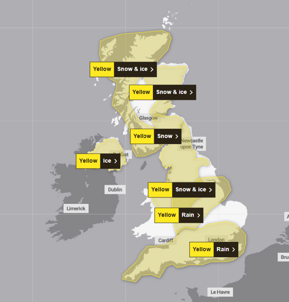 The Met Office has issued seven weather warnings across the UK