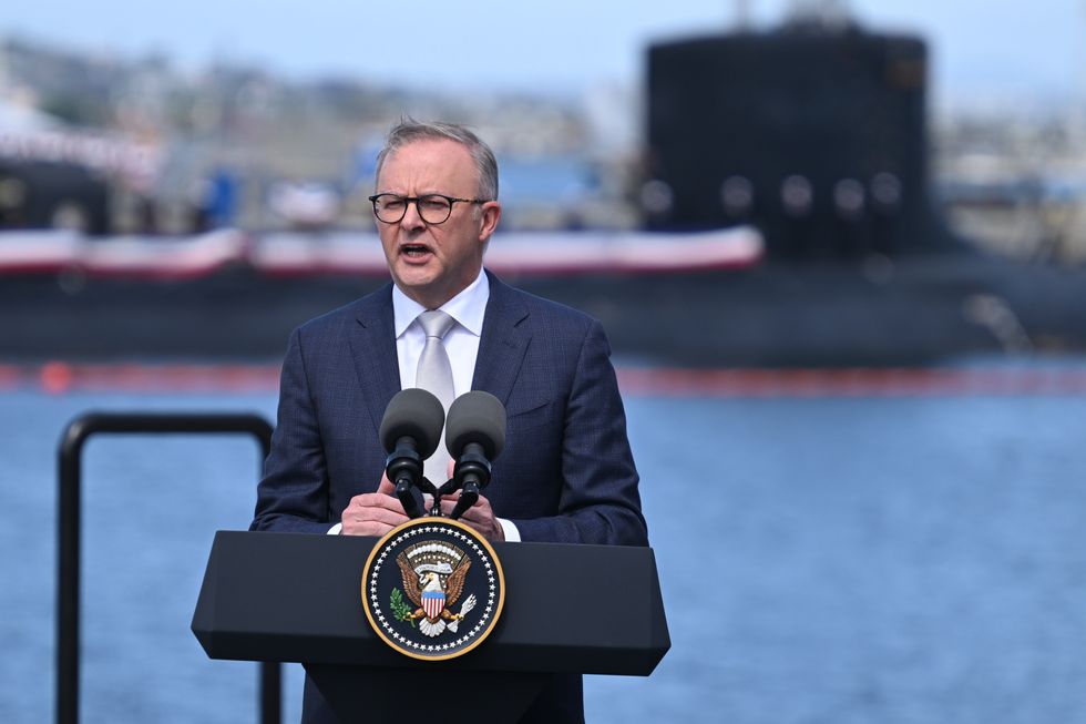 The Prime Minister of Australia Anthony Albanese during a press conference with Prime Minister Rishi Sunak and US President Joe Biden at Point Loma naval base in San Diego