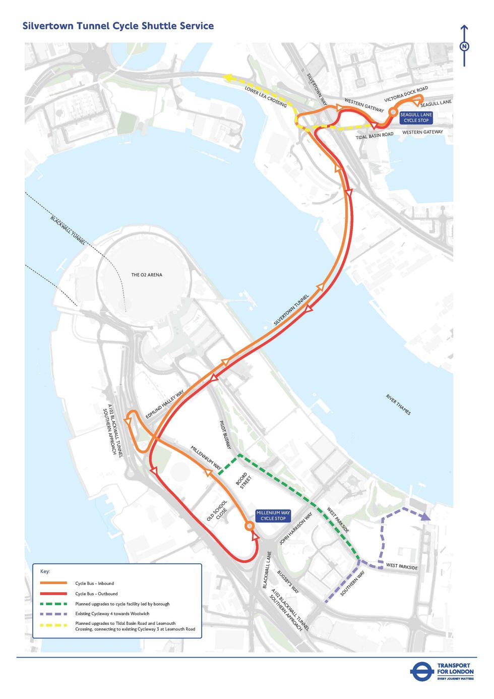 The Silvertown Tunnel Cycle Shuttle Service map