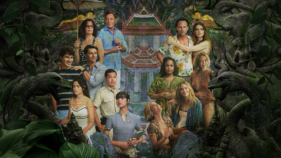 The White Lotus S03 promotional poster with cast members including ason Isaacs, Carrie Coon, Aimee Lou Wood, Walton Goggins, and Michelle Monaghan