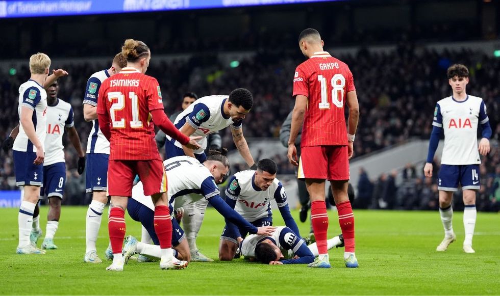 Tottenham players were quick to surround Rodrigo Bentancur on the pitch