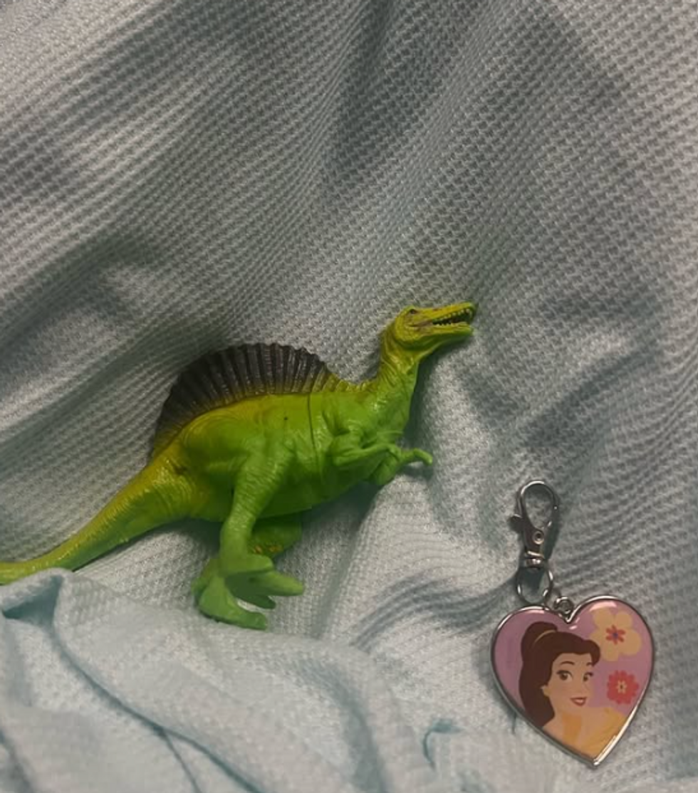 Toy dinosaur and keychain