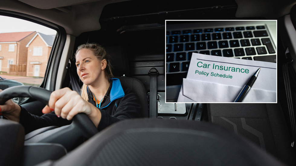 Tradesperson in car and a car insurance policy schedule