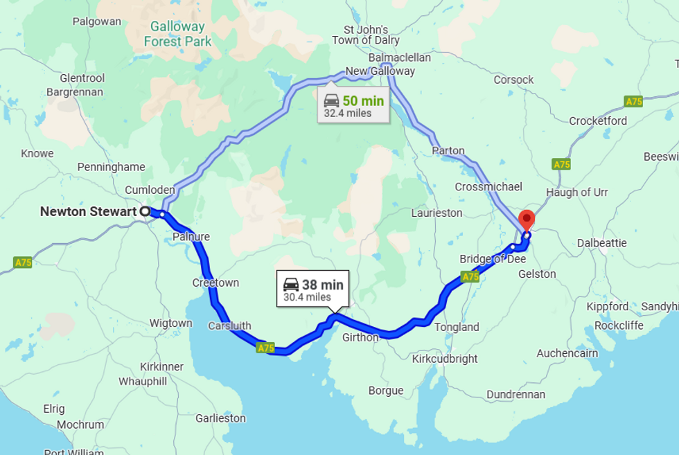 Traffic map from Newton Stewart to Castle Douglas